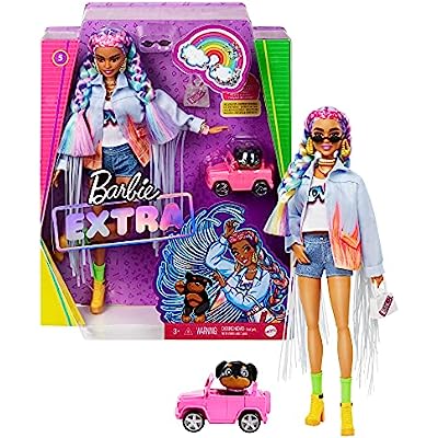 Barbie Extra Doll in Long-Fringe Denim Jacket with Pet Puppy